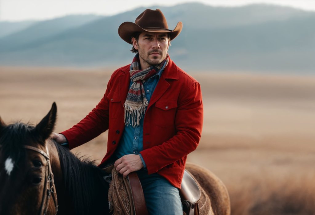 portrait d'un cowboy américain sur un cheval brun