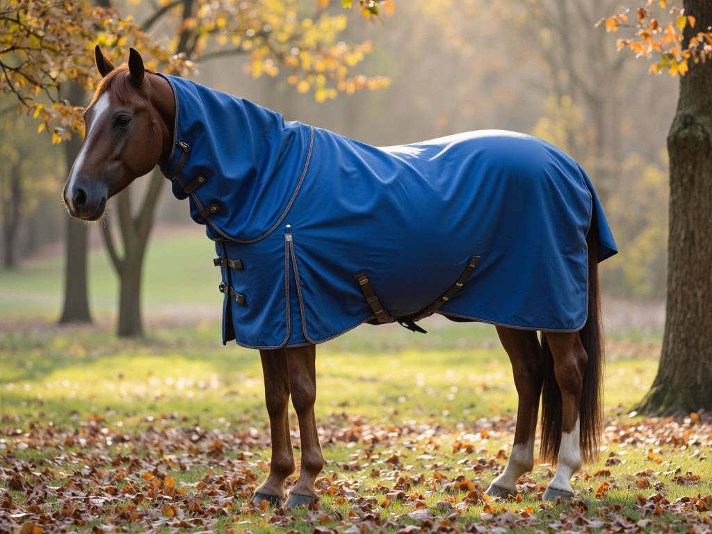 Cheval dans un pré portant une couverture cheval bleue adaptée pour l'extérieur