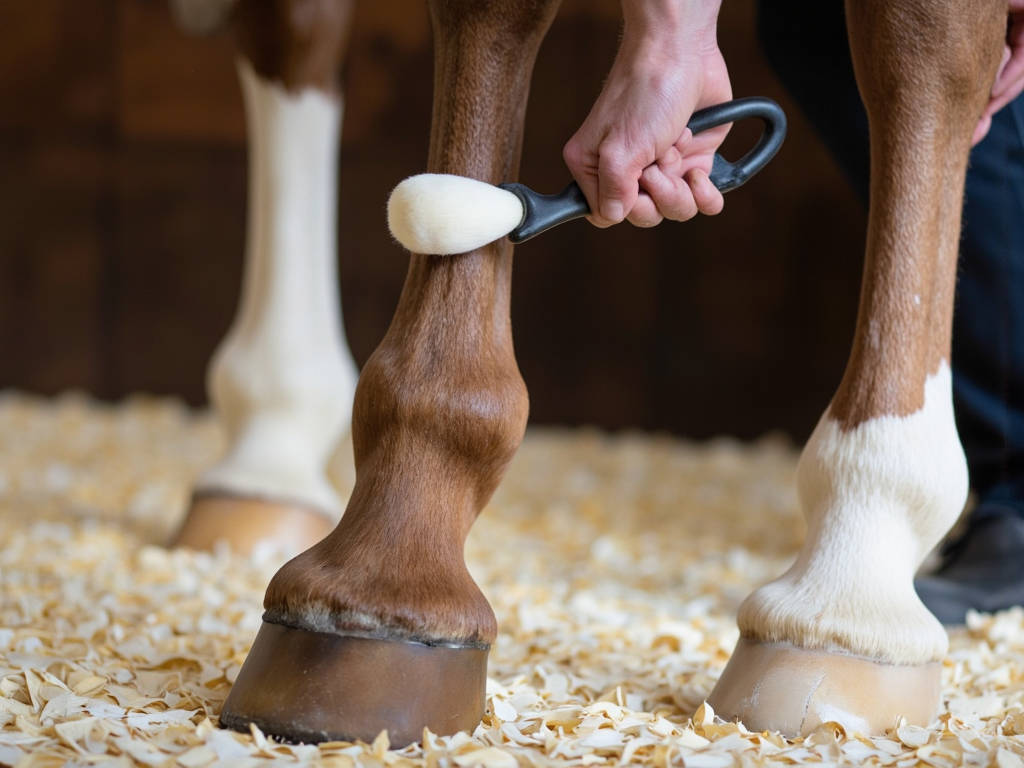 Main d'un propriétaire examinant une molette sur le boulet d'un cheval dans une écurie.