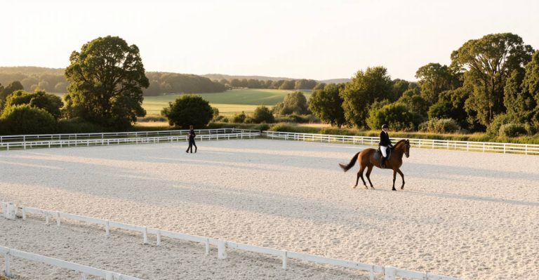 Cavalier sur son cheval dans un carré de dressage bien entretenu au lever du soleil