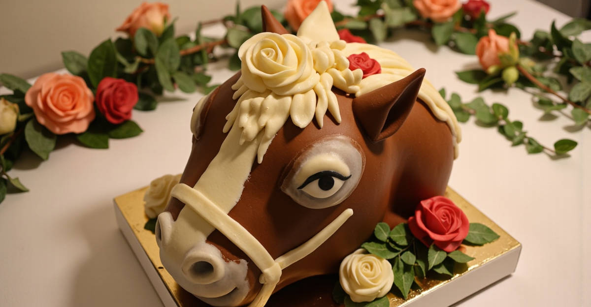 Gâteau anniversaire cheval sculptéavec crinière blonde et décoration pâte à sucre