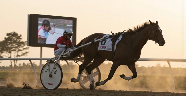 Trotteur en course sur hippodrome avec sulky et driver professionnel