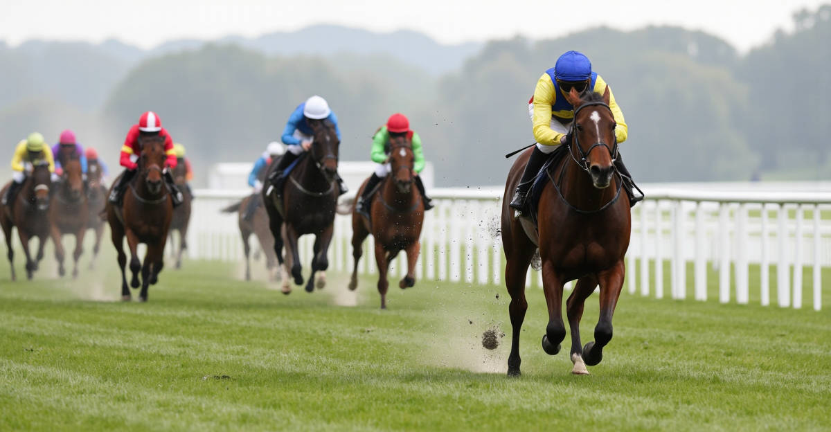 Jockey professionnel en pleine course hippique sur un hippodrome