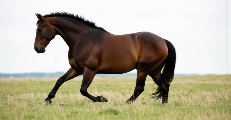 Grand cheval de trait dans un pré présentant les symptômes du shivering cheval avec un postérieur tremblant.