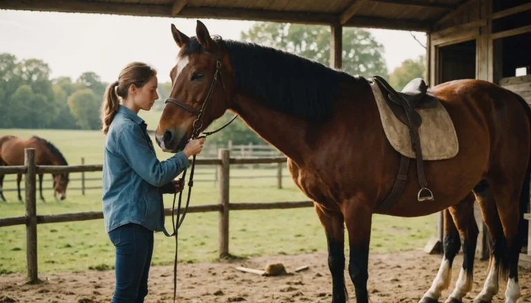 Femme s'occupant de son cheval à l’écurie pour assurer son bien-être et sa santé au quotidien