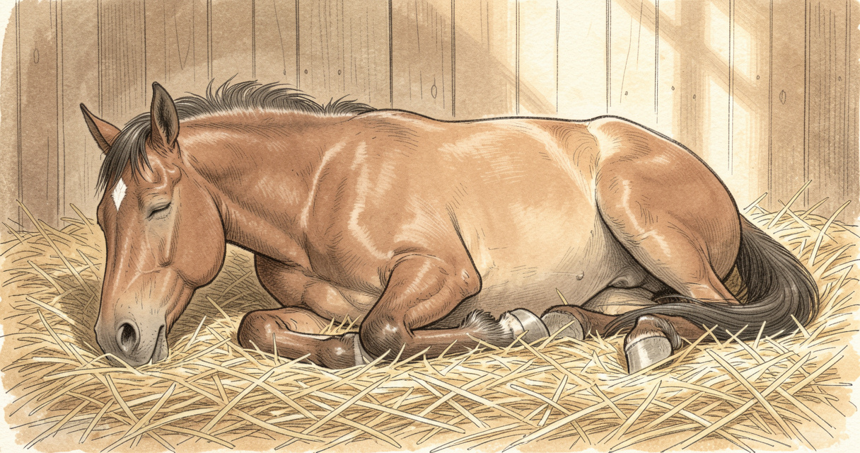 Cheval en décubitus latéral, position de sommeil profond dans une litière de paille