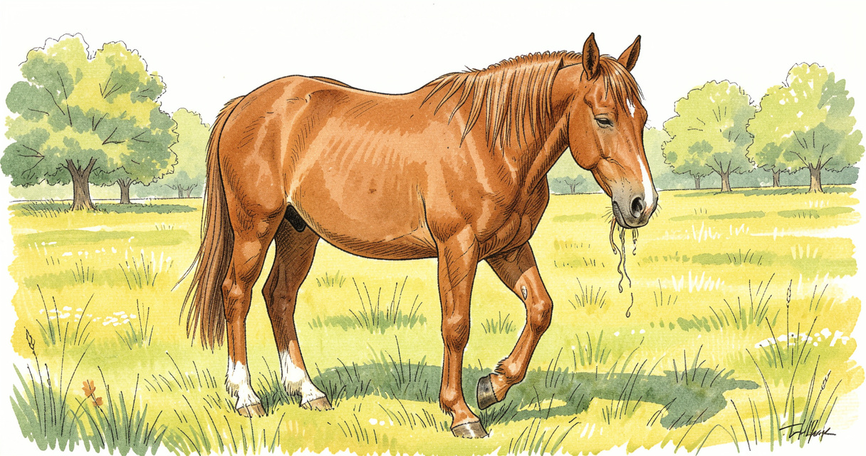 Cheval debout au repos en somnolence, lèvre pendante et membre postérieur fléchi