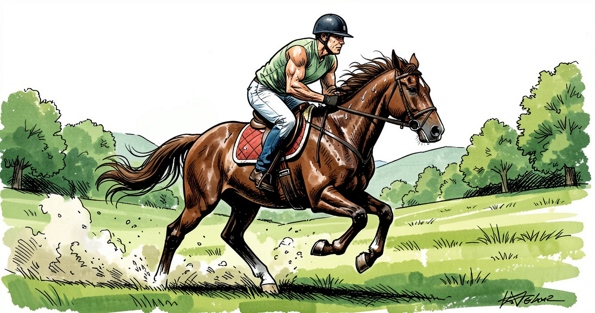 Cavalière au galop, muscles en action, montrant l'effort physique de l'équitation