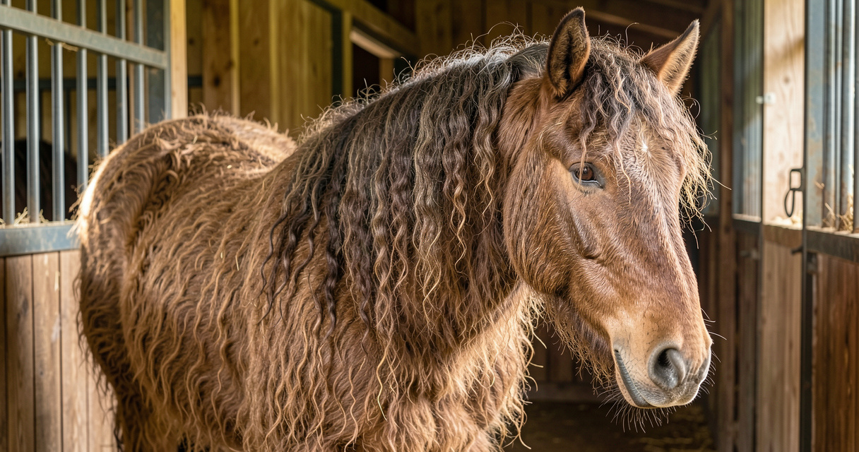 Cheval âgé avec hirsutisme dû au syndrome de Cushing