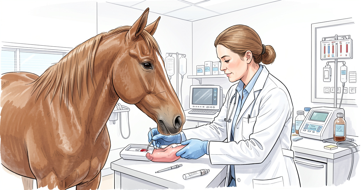 Vétérinaire prélevant du sang pour diagnostic de Cushing chez un cheval