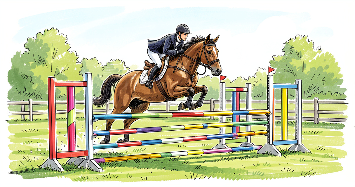 Cheval et cavalier sautant un oxer coloré en compétition de saut d'obstacles en plein air