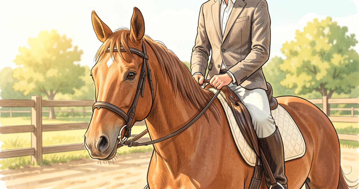 Cheval et cavalier dans une carrière ensoleillée, illustration de la demi-pension