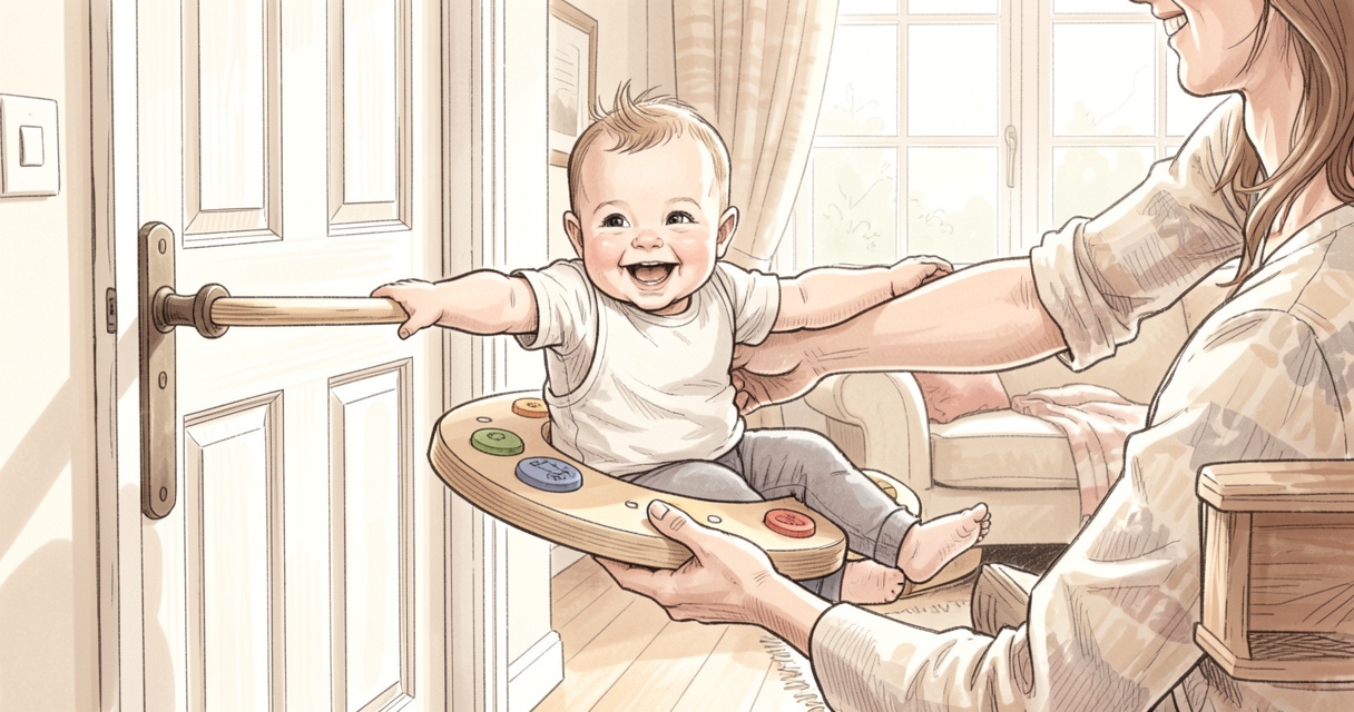 Bébé utilisant un Jolly Jumper dans une porte, activité d'éveil sécurisée