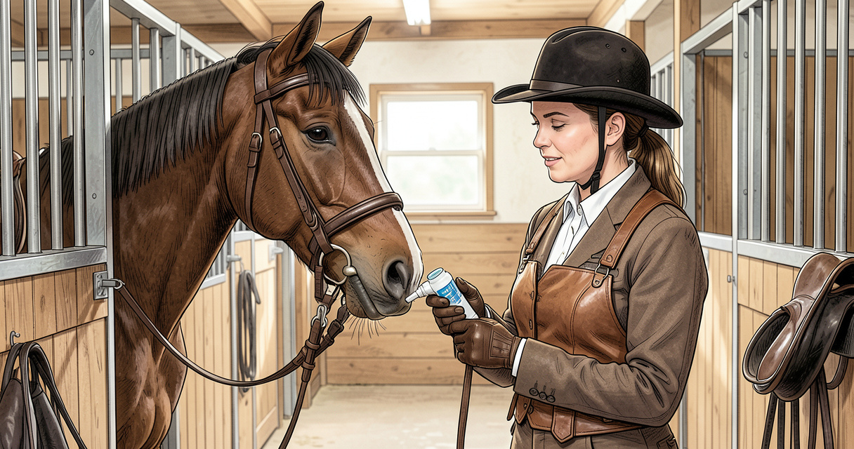 Administration d'Equest gel oral à un cheval, seringue dans la bouche