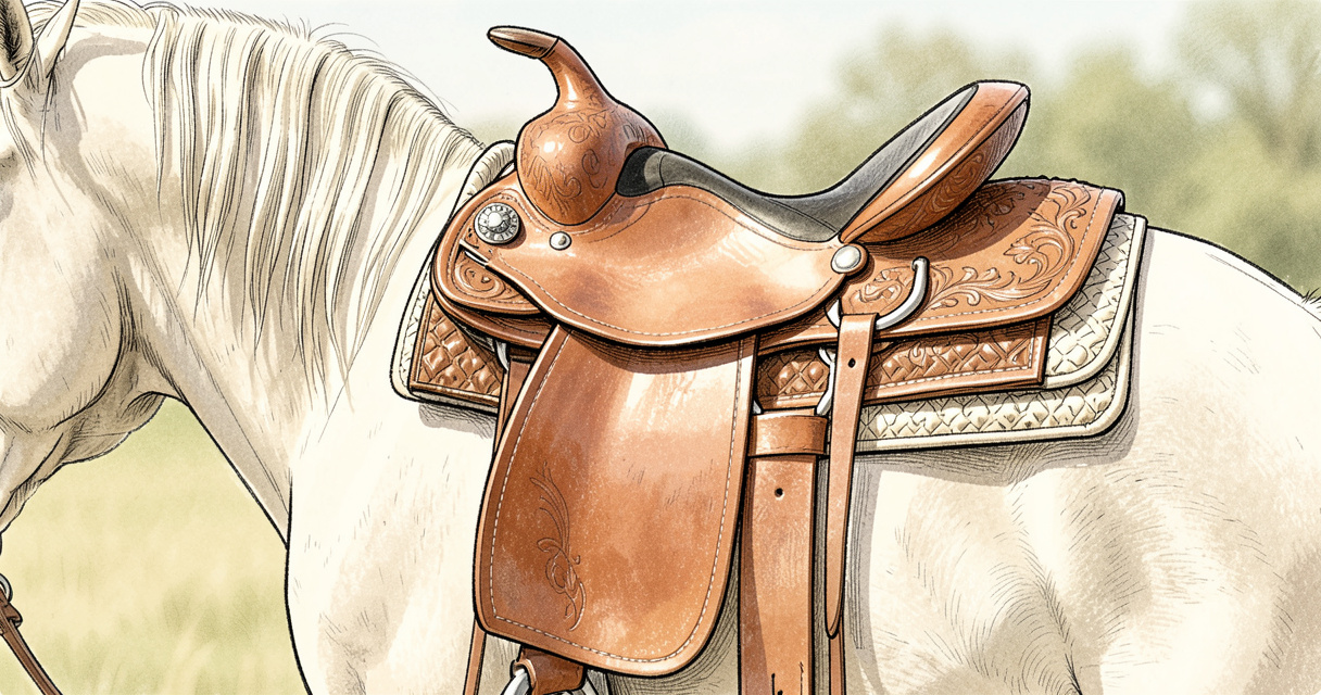 Selle western ajustée sur un cheval quarter horse vue de profil, vérification de l'espace au garrot