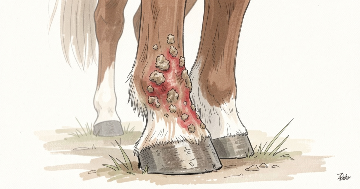 Gale de boue cheval paturon : croûtes suintantes au niveau du paturon d'un cheval atteint de dermatophilose