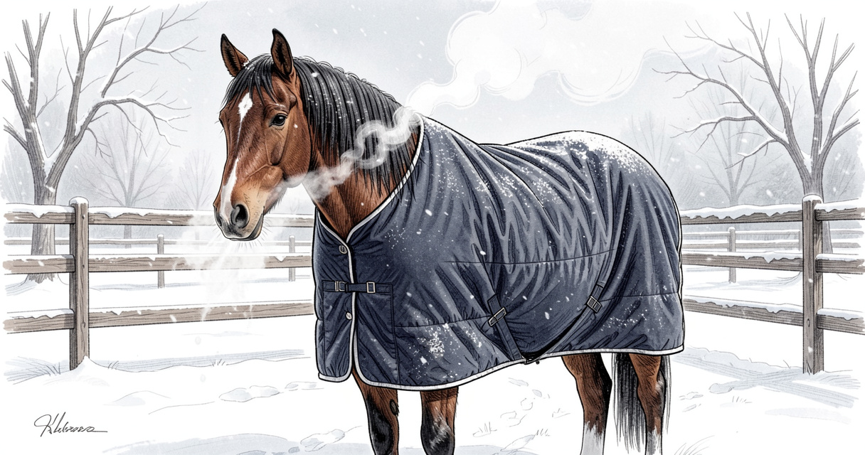 Cheval avec couverture épaisse 400g dans un paddock enneigé par grand froid