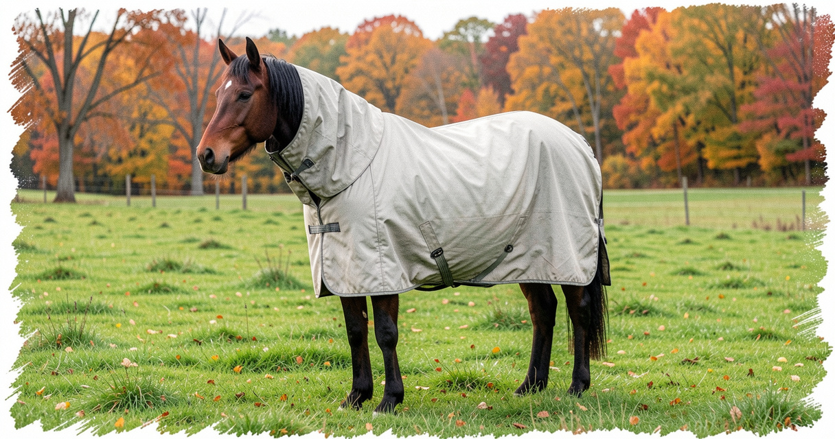 Cheval portant une couverture légère 100g en automne dans un pré