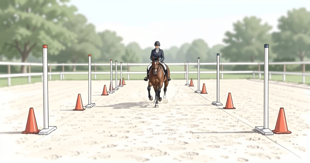 Carrière de dressage avec barres au sol et cônes pour serpentine 4 boucles, cheval et cavalier en plein exercice