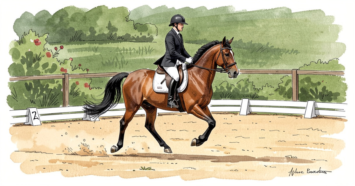 Cavalier exécutant un cercle de 20 mètres au trot sur une reprise de dressage dans la carrière
