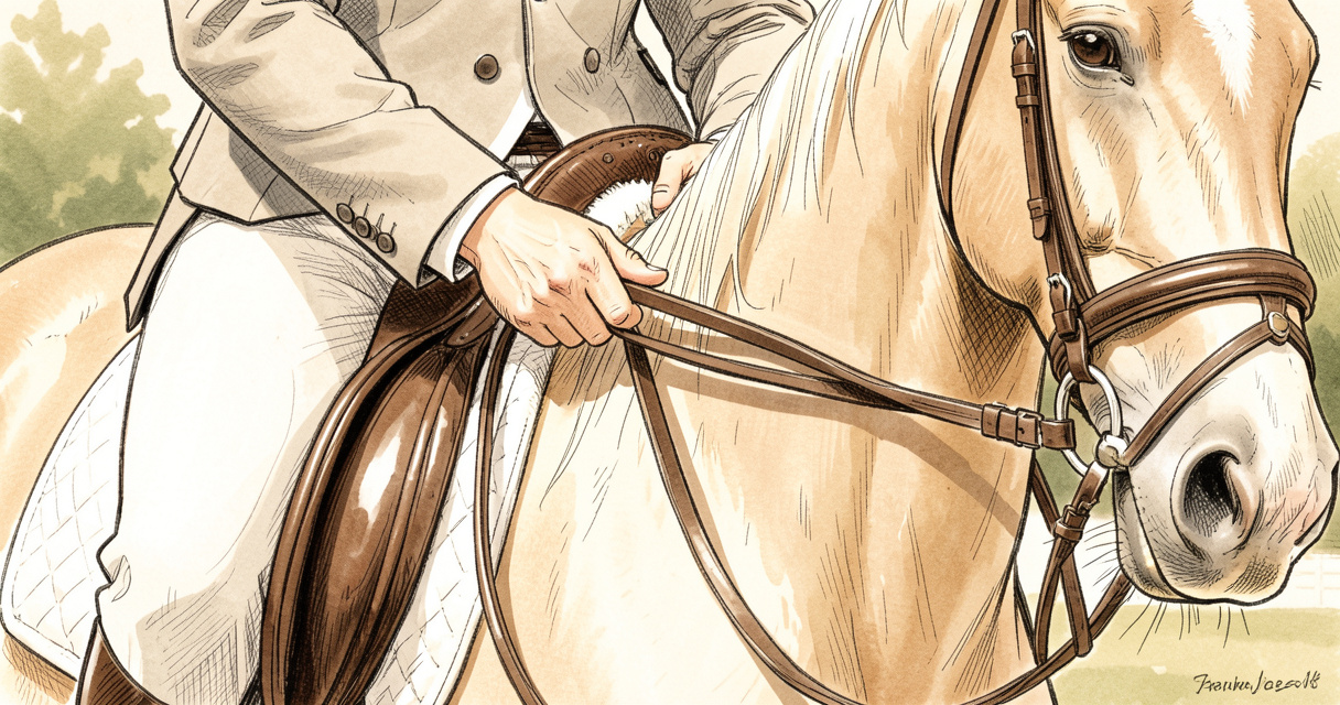 Main du cavalier sur les rênes avec un contact doux lors d'une épreuve de dressage