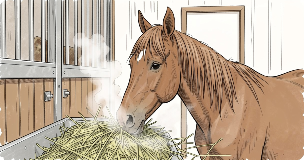 Cheval mangeant du foin traité par vapeur dans son box