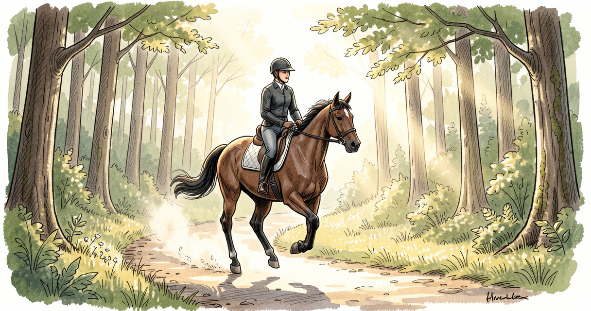 Cavalier pratiquant le trotting sur un cheval en forêt, entraînement d'endurance équin.