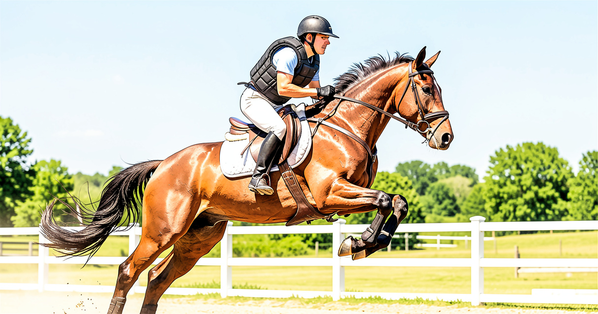 Cavalier en action avec un gilet airbag équitation protection, saut d'obstacle en extérieur