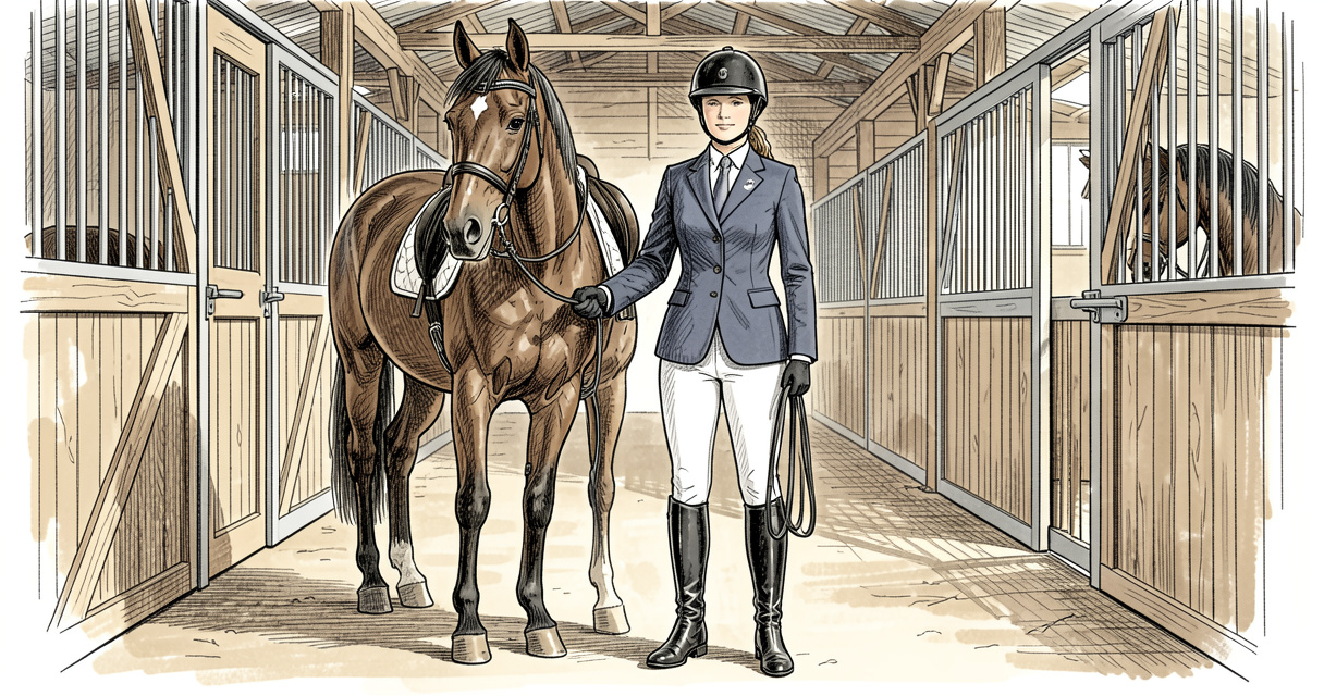 Tenue complète de cavalière d'équitation avec casque et veste de concours