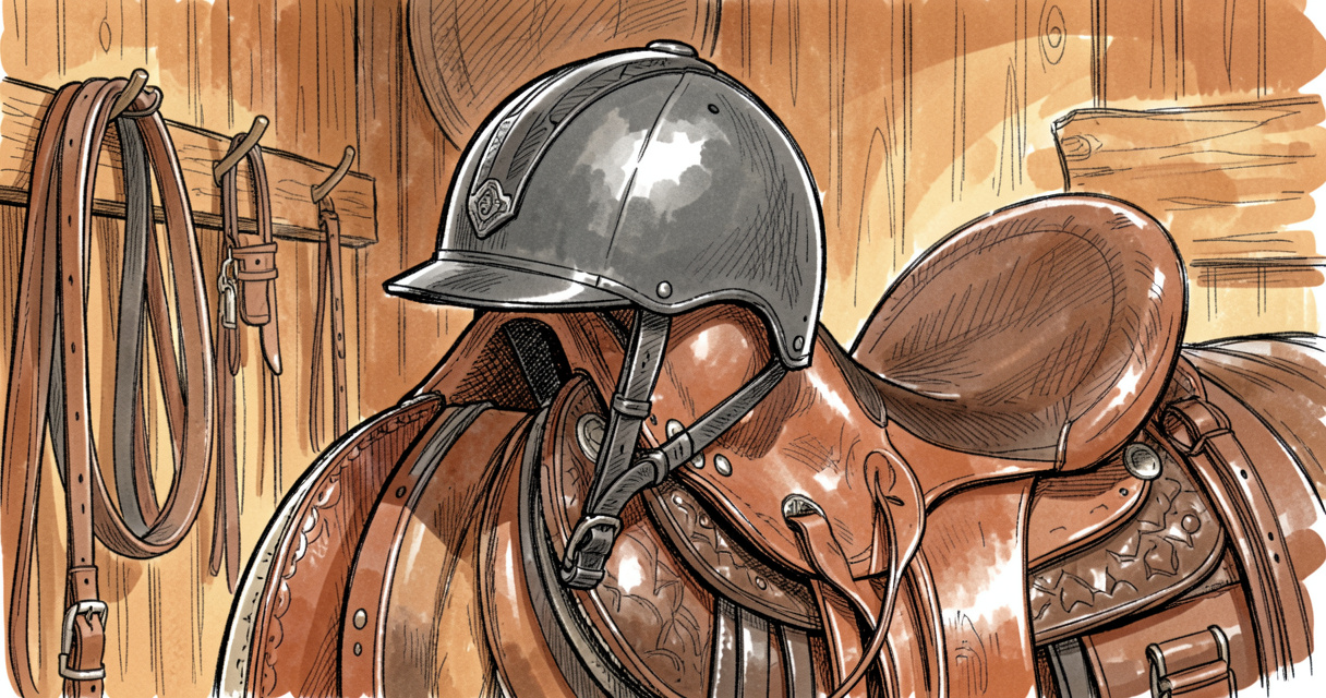 Casque d'équitation femme posé sur une selle dans une sellerie