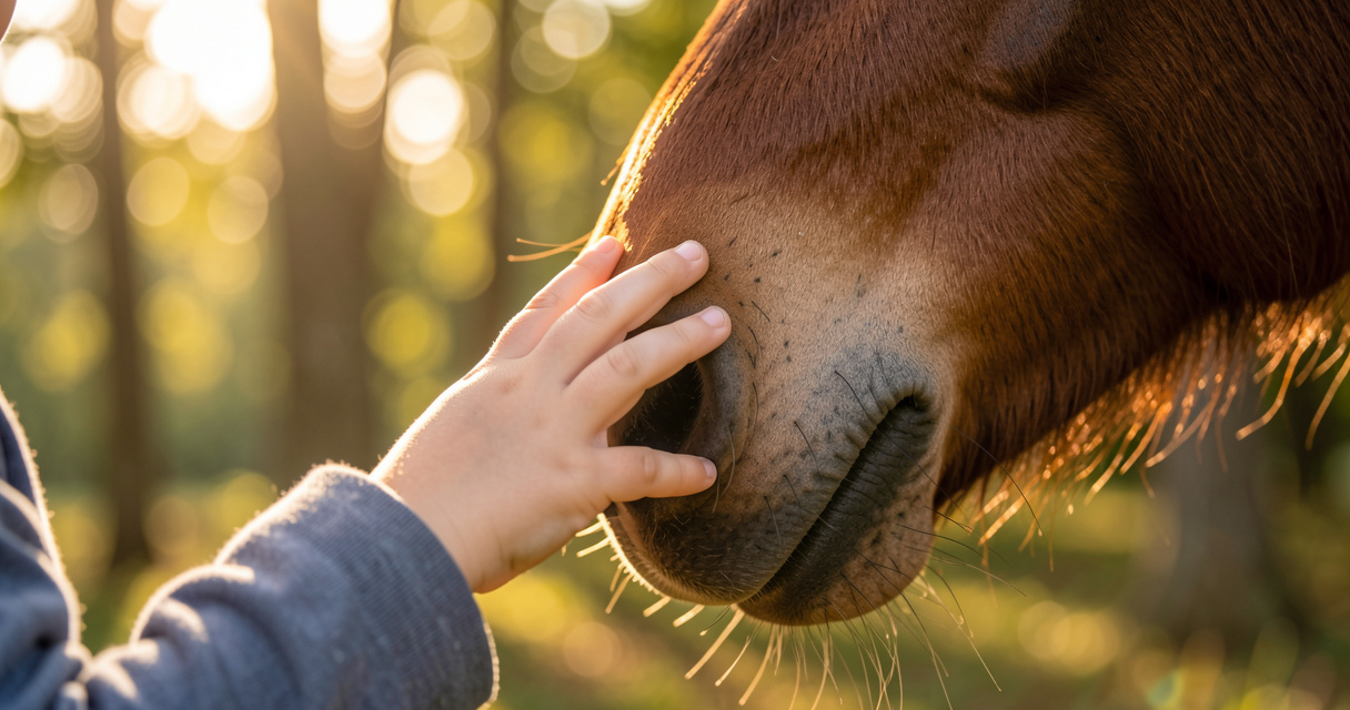 Enfant caressant un cheval lors d'une promenade poney, découverte du monde équestre