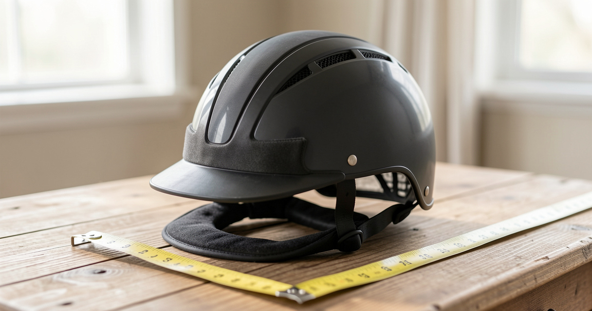 Casque équitation noir posé sur table avec mètre ruban pour mesurer taille