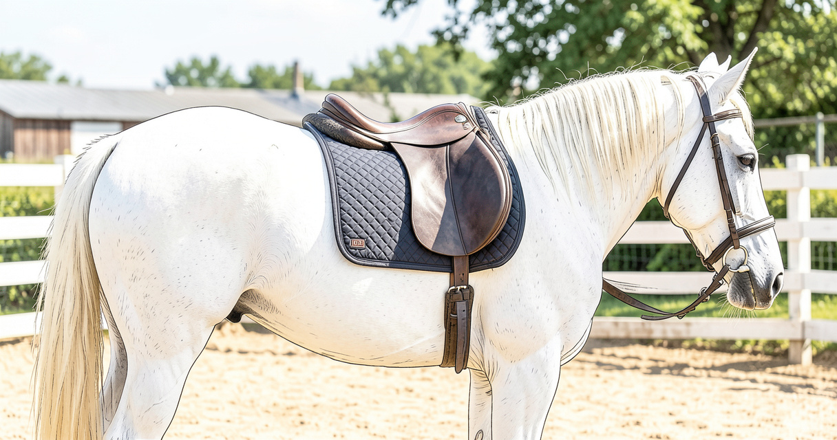 Cheval blanc avec un tapis de selle bien ajusté en cuir marron dans une carrière lumineuse