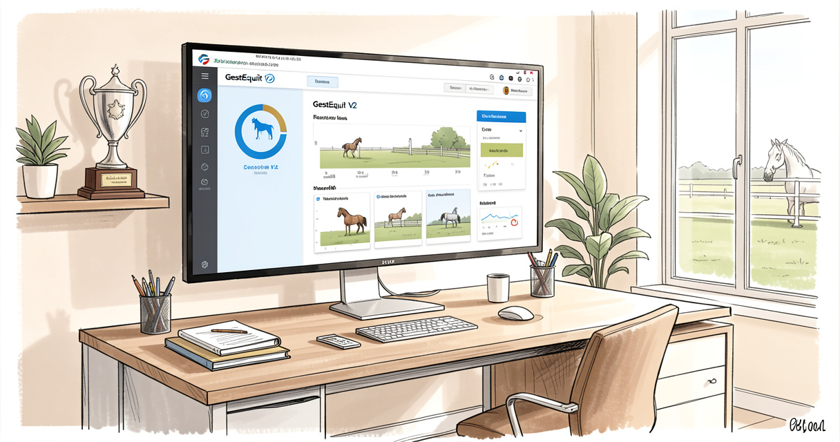 Dashboard du logiciel GestEquit V2 affiché sur un écran d'ordinateur dans un bureau de centre équestre