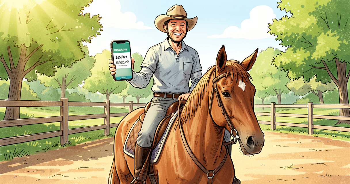 Cavalier vérifiant sa réservation de cours d'équitation sur son smartphone depuis le manège