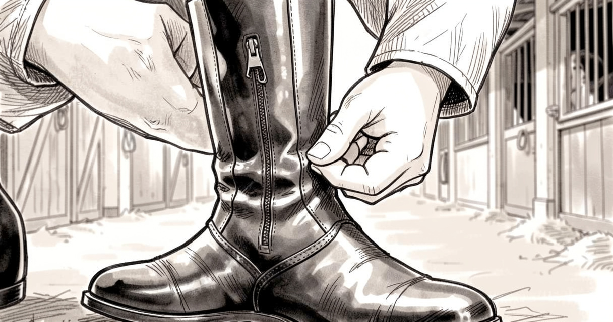 Fermeture éclair de bottes d'équitation maintenue par une main, cuir et coutures visibles