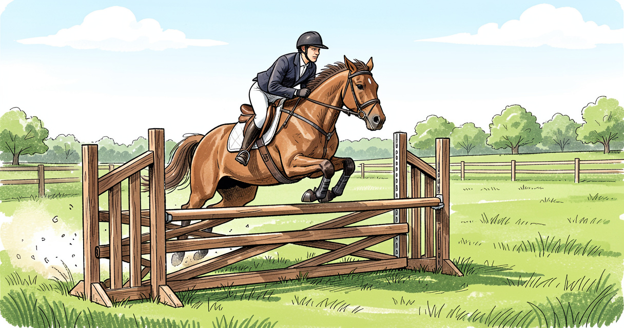 Cavalier et cheval franchissant un obstacle de cross-country lors d'un concours complet d'équitation en plein air.