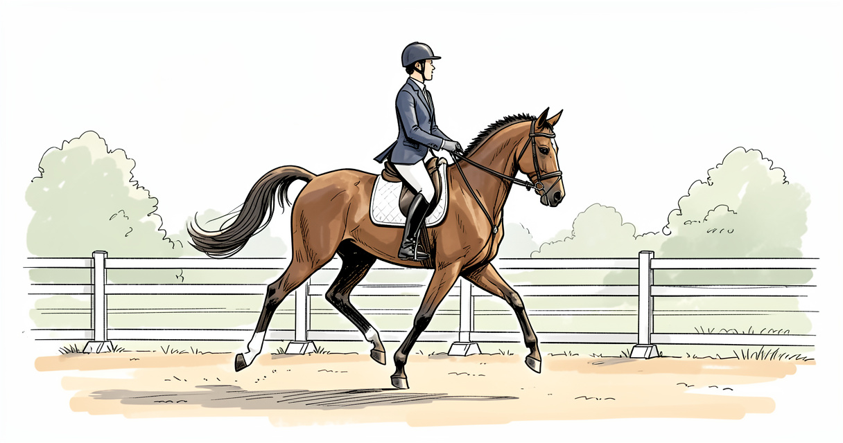 Cavalier exécutant une reprise de dressage en extérieur pour le concours complet d'équitation, cheval au trot rassemblé.