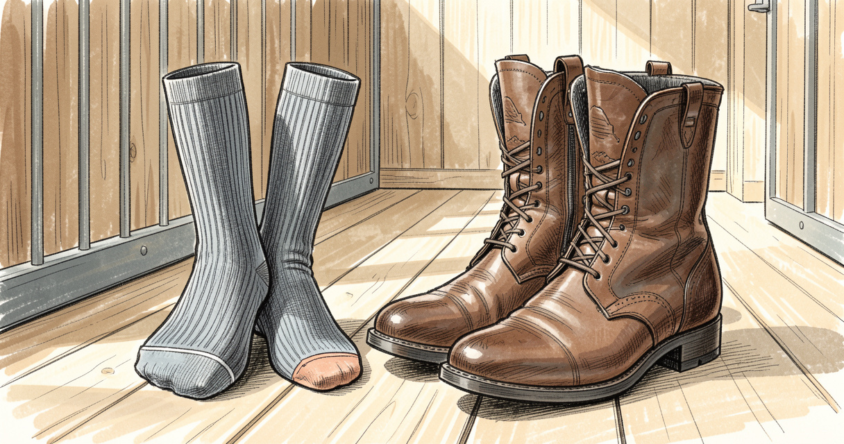Chaussettes d'équitation hautes avec renforts talon et orteil posées à côté de bottes en cuir