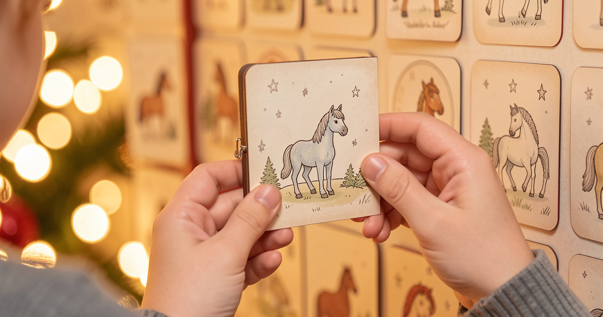 Enfant ouvrant une case de calendrier de l'avent Schleich Horse Club avec figurine cheval