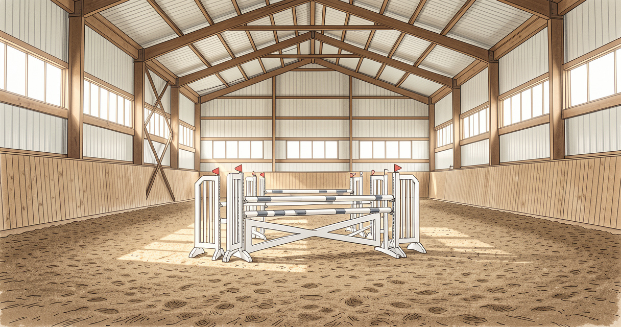 Manège couvert du centre équestre du Domaine de Combelles avec obstacles de saut