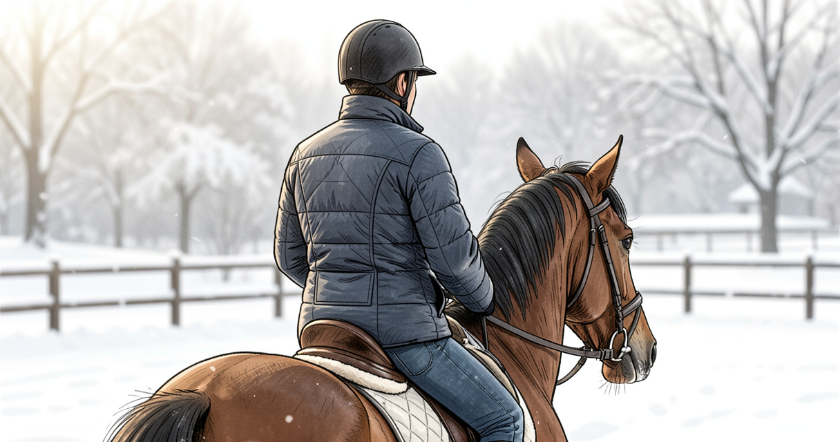 Cavalier équipé d'une doudoune équitation manches longues sur son cheval dans la neige