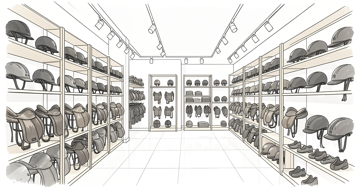 Intérieur du magasin Padd avec des selles et casques d'équitation exposés