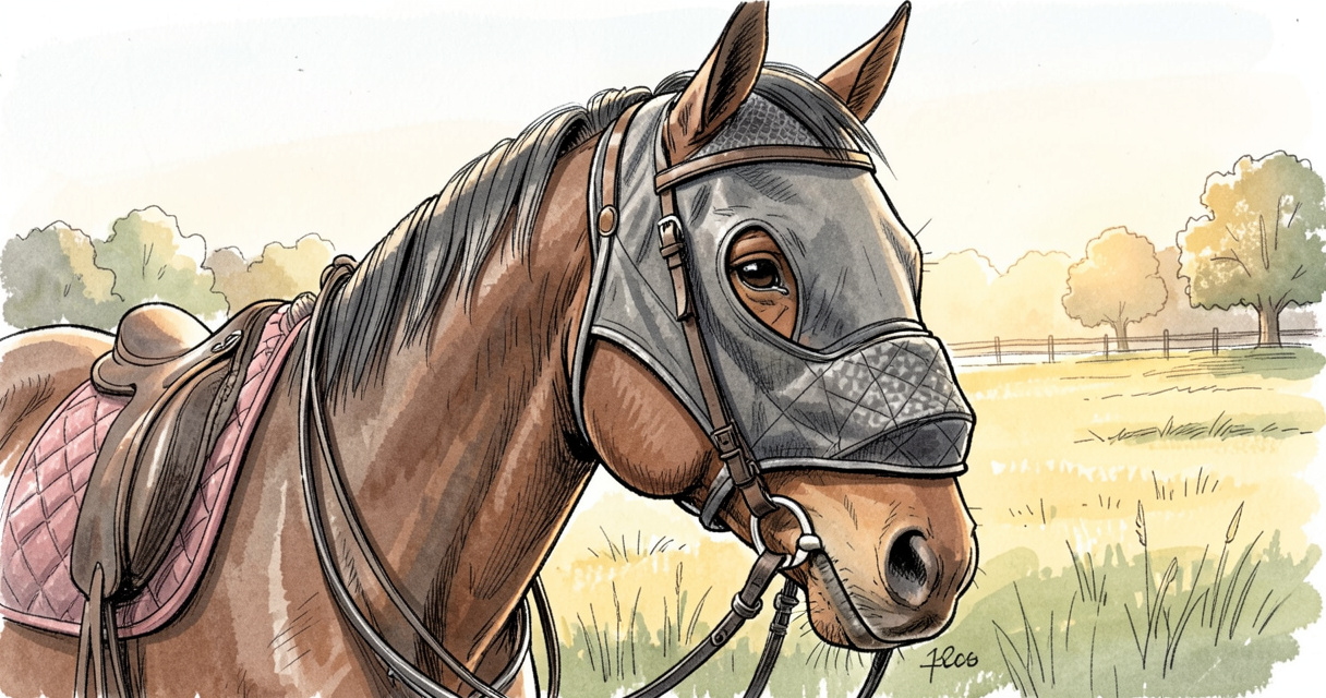 Cheval avec masque anti-mouches et tapis de selle dans un pré
