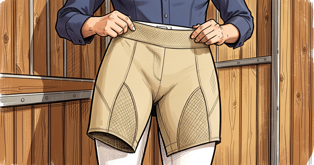 Pantalon d'équitation femme beige à basanes posé contre un mur d'écurie