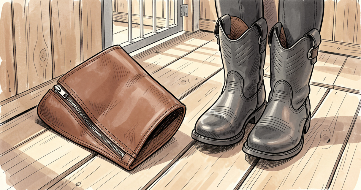 Mini-chaps en cuir brun avec fermeture éclair posées à côté de boots d équitation