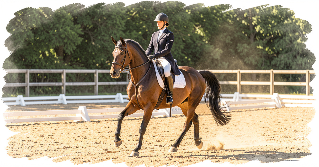 Cheval de dressage trottant avec cavalier en tenue élégante dans un manège