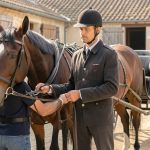 Meneur contrôlant le harnais d'un cheval avant une préparation d'attelage