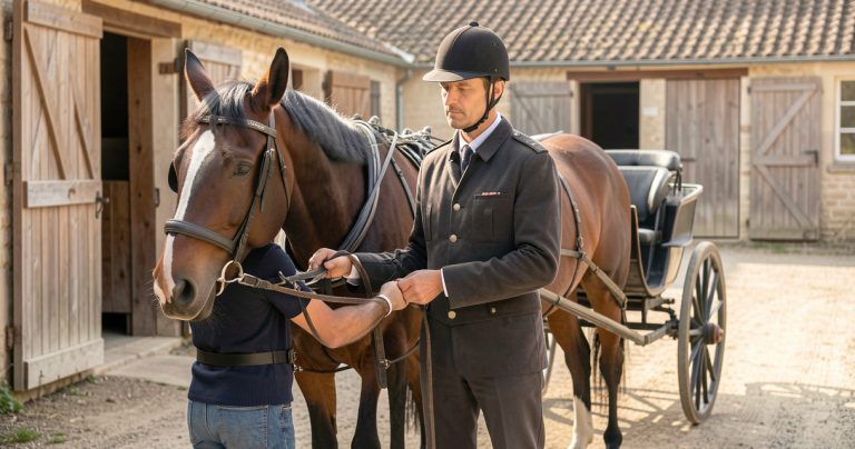 Meneur contrôlant le harnais d'un cheval avant une préparation d'attelage