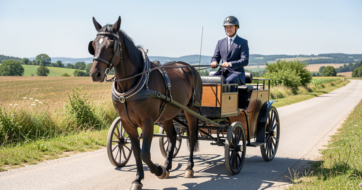 Meneur au guidon d'une voiture d'attelage hippomobile en campagne tarnaise avec harnais parfaitement ajusté